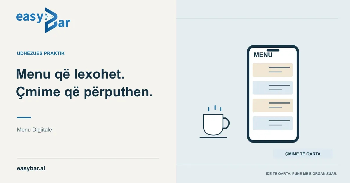 Menu në telefon me kategori, përshkrim artikulli dhe çmim të lexueshëm.